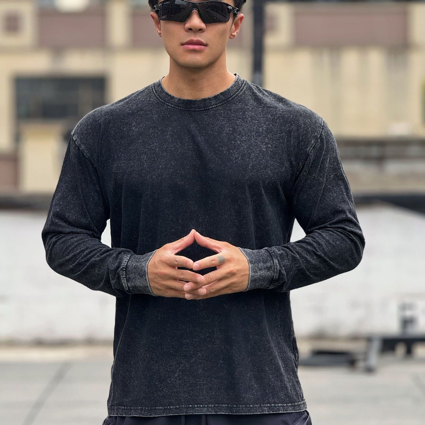 Herren Langarmshirt Weich Baumwolle Stone Wash Effekt