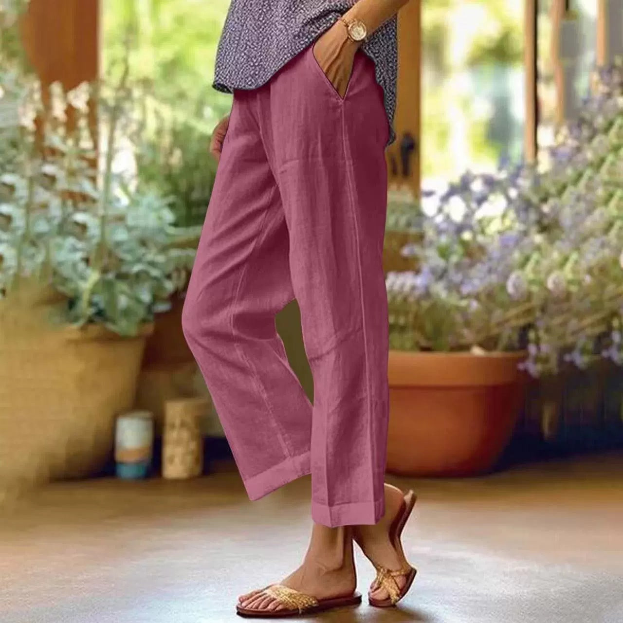 Damen Leinenhose Weit Bequem Mit Taschen