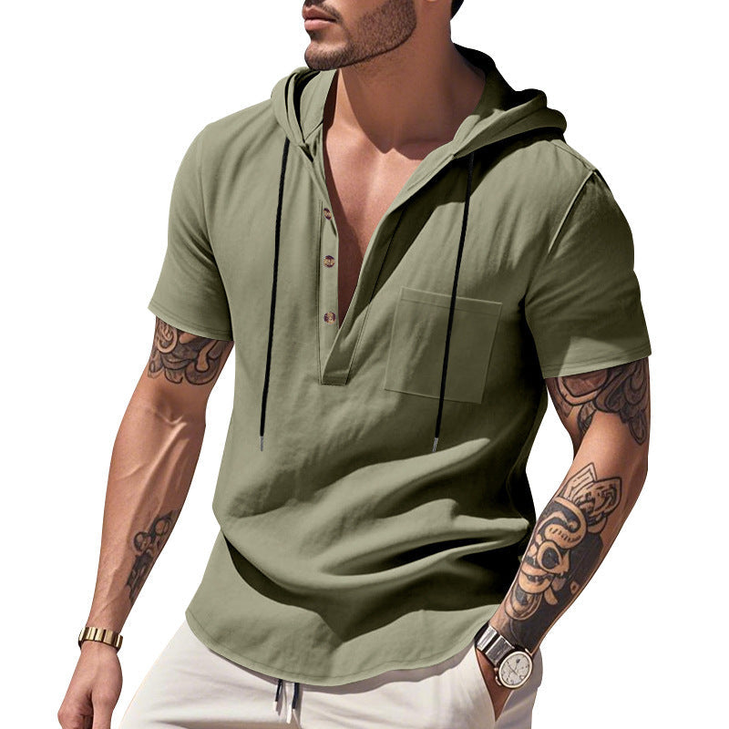 Herren Hoodie Kurzarm Hemd Kapuze Knopfleiste Trendig