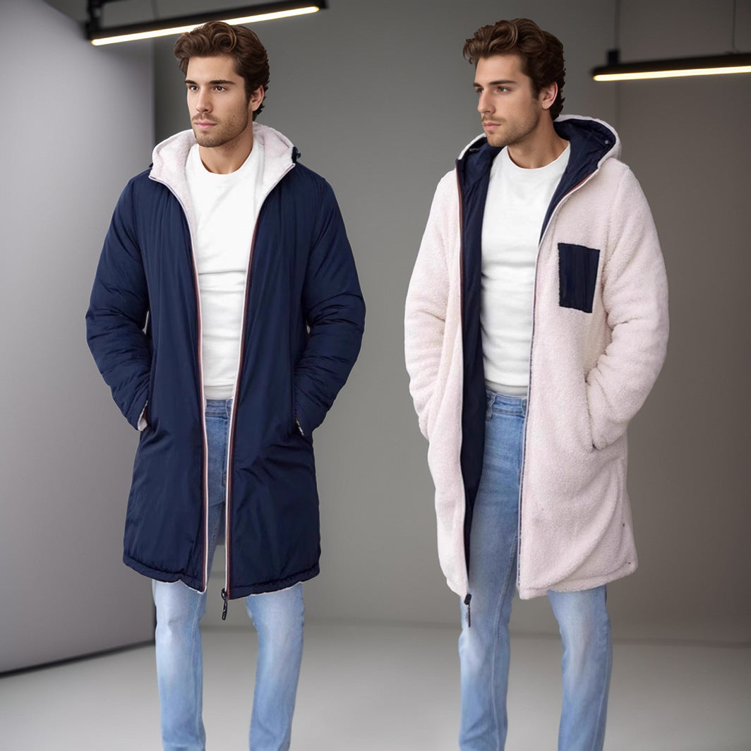 Herren Steppmantel Wendbar Kapuze Taschen Wintermantel Schwarz