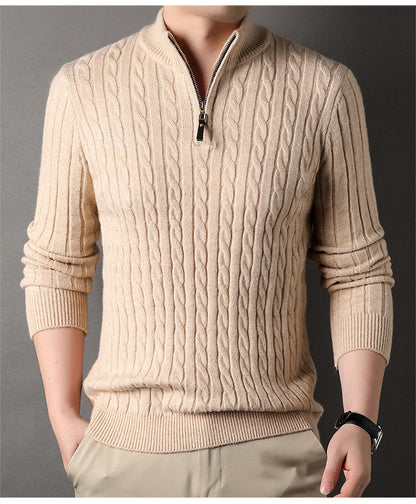 Herren Pullover Strick Zopfmuster Zipper Grün