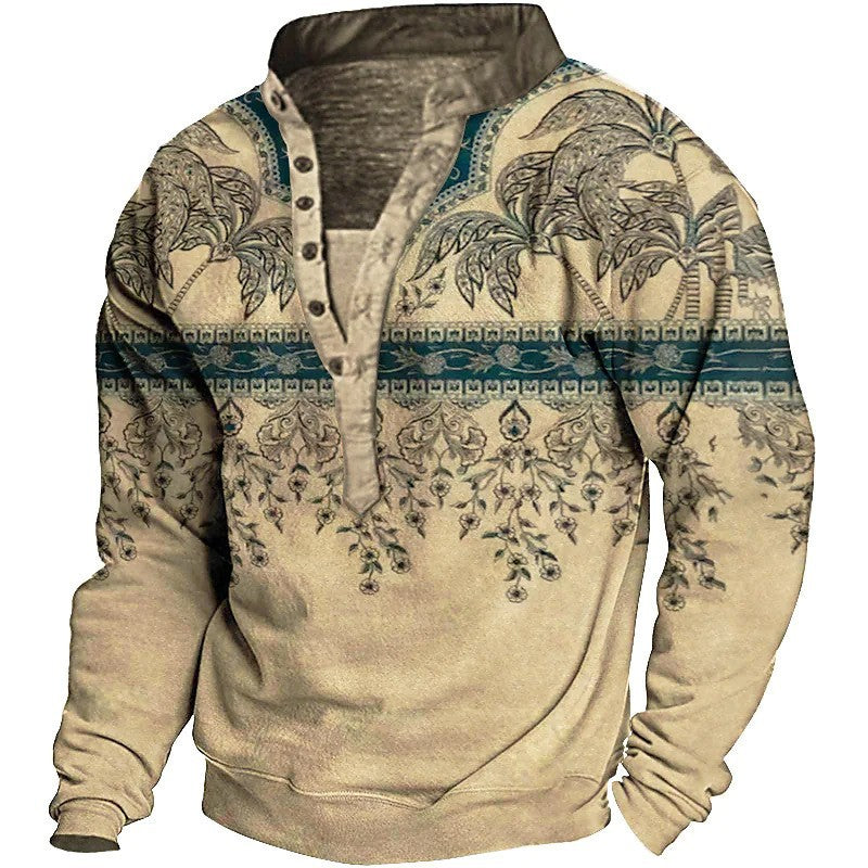 Herren Fleece Pullover Ethno Muster Knopf Detail Modern