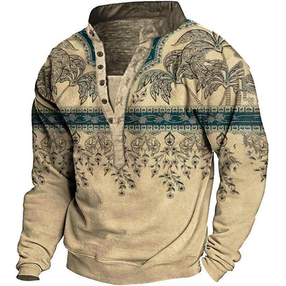 Herren Fleece Pullover Ethno Muster Knopf Detail Modern
