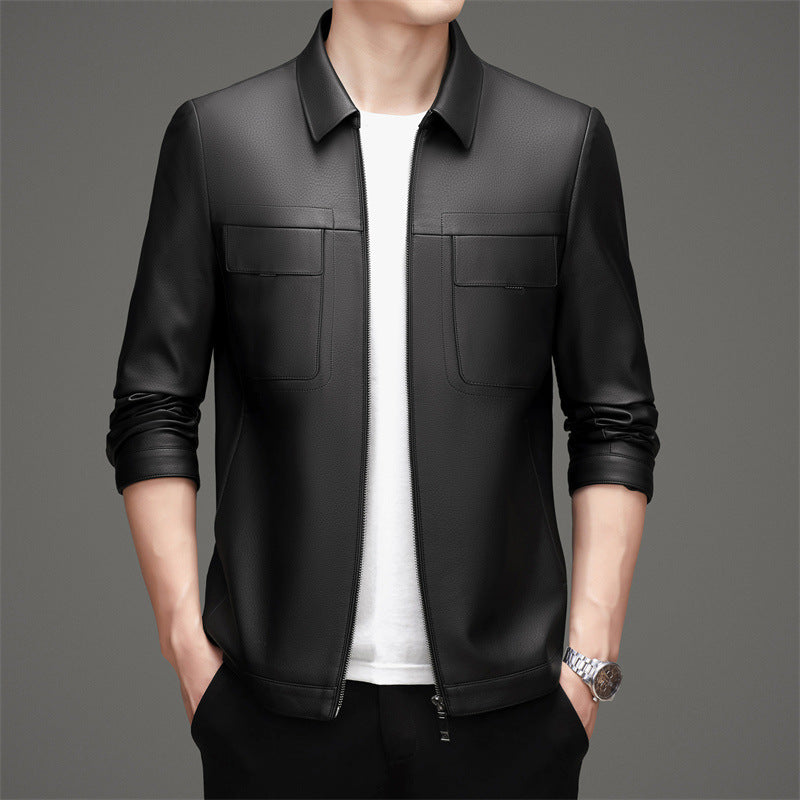 Lederjacke Herren Lässig Mit Brusttaschen Schwarz