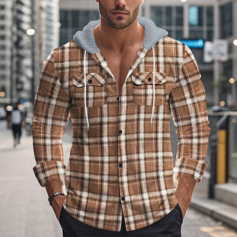Herren Flauschjacke Kariert mit Kapuze Winterwarm