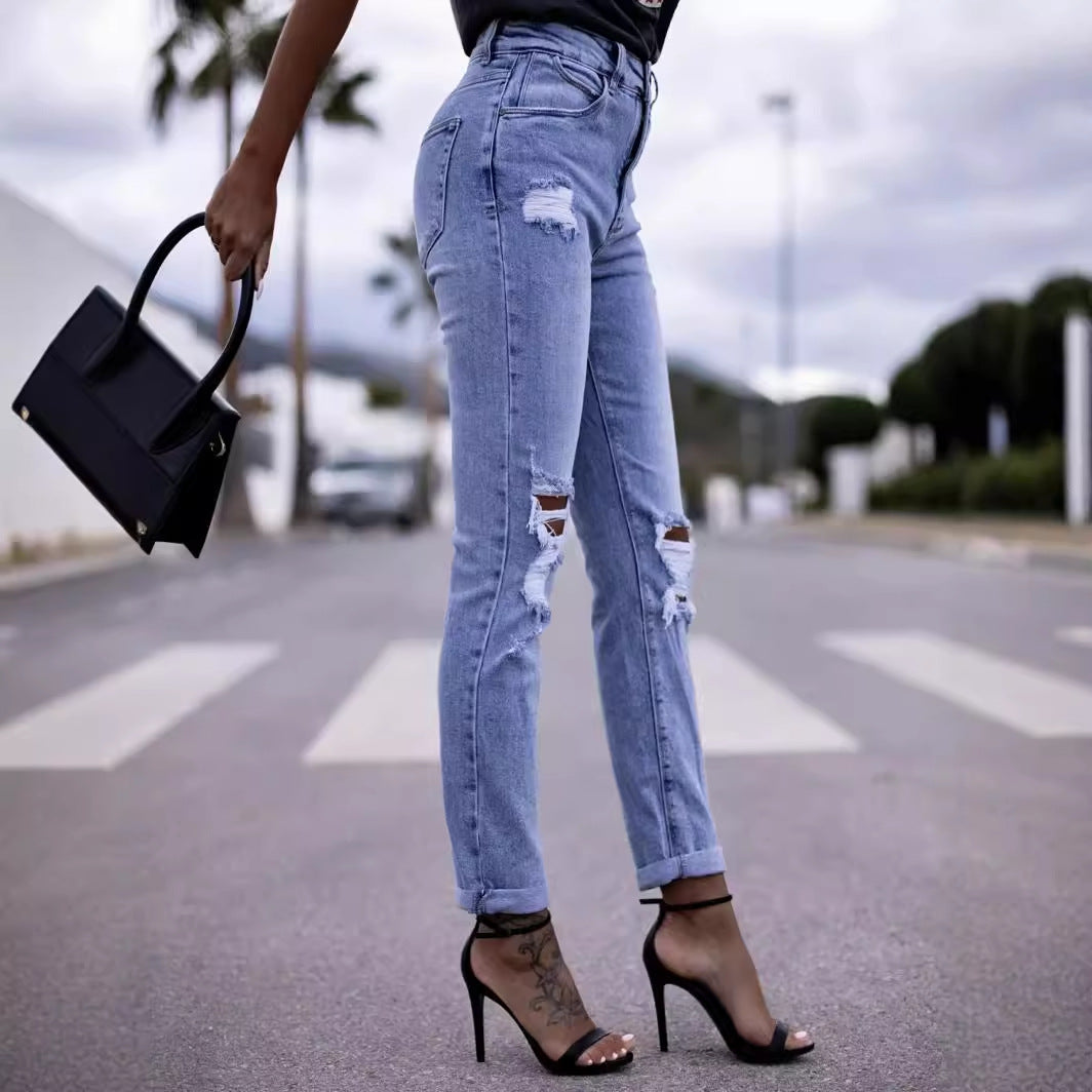 Hohe Damen Jeans High Waist Zerrissene Destroyed Style