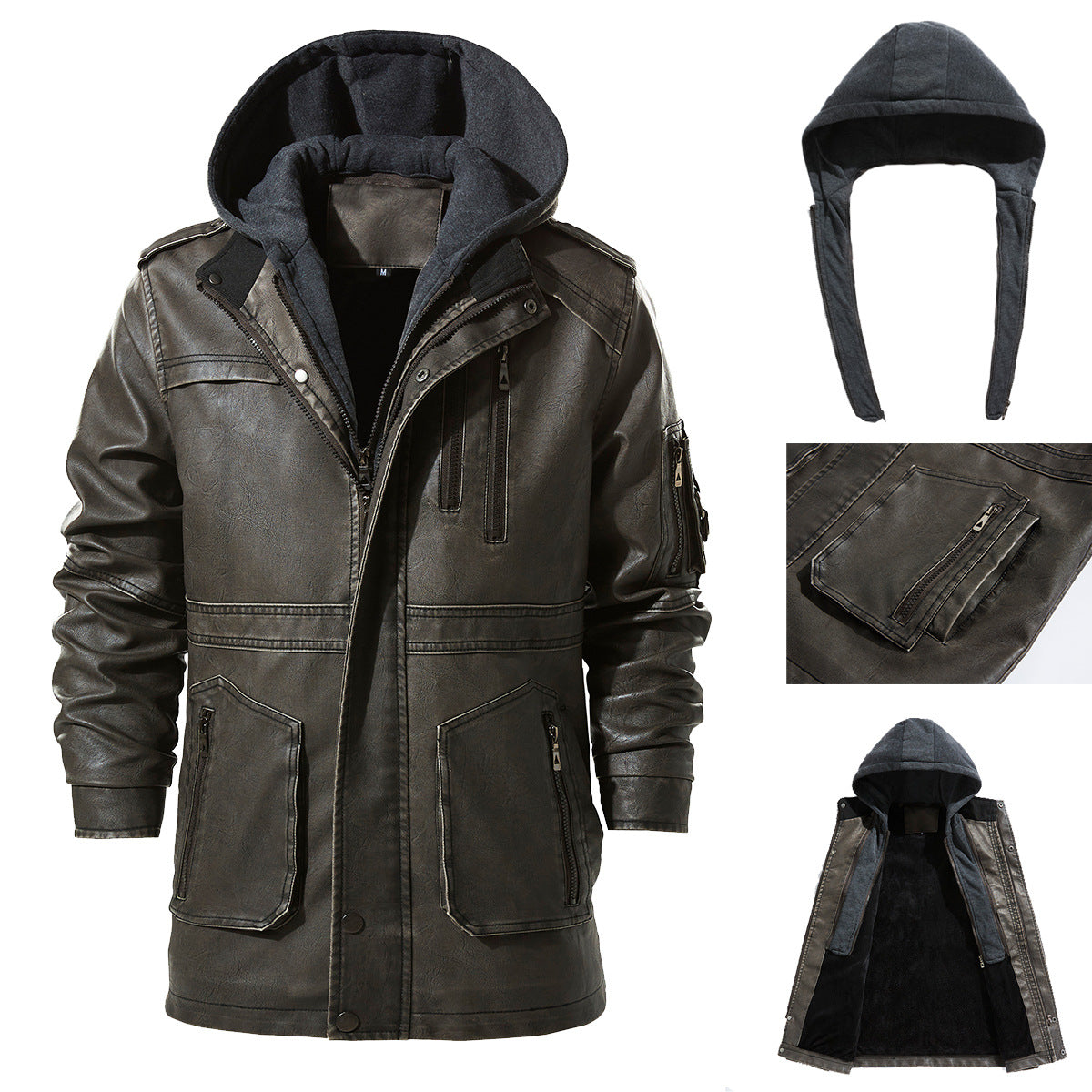 Lederjacke Herren Kunstleder mit Kapuze Schwarz Modern