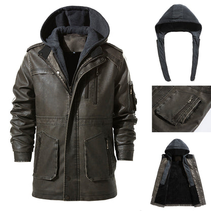 Lederjacke Herren Kunstleder mit Kapuze Schwarz Modern