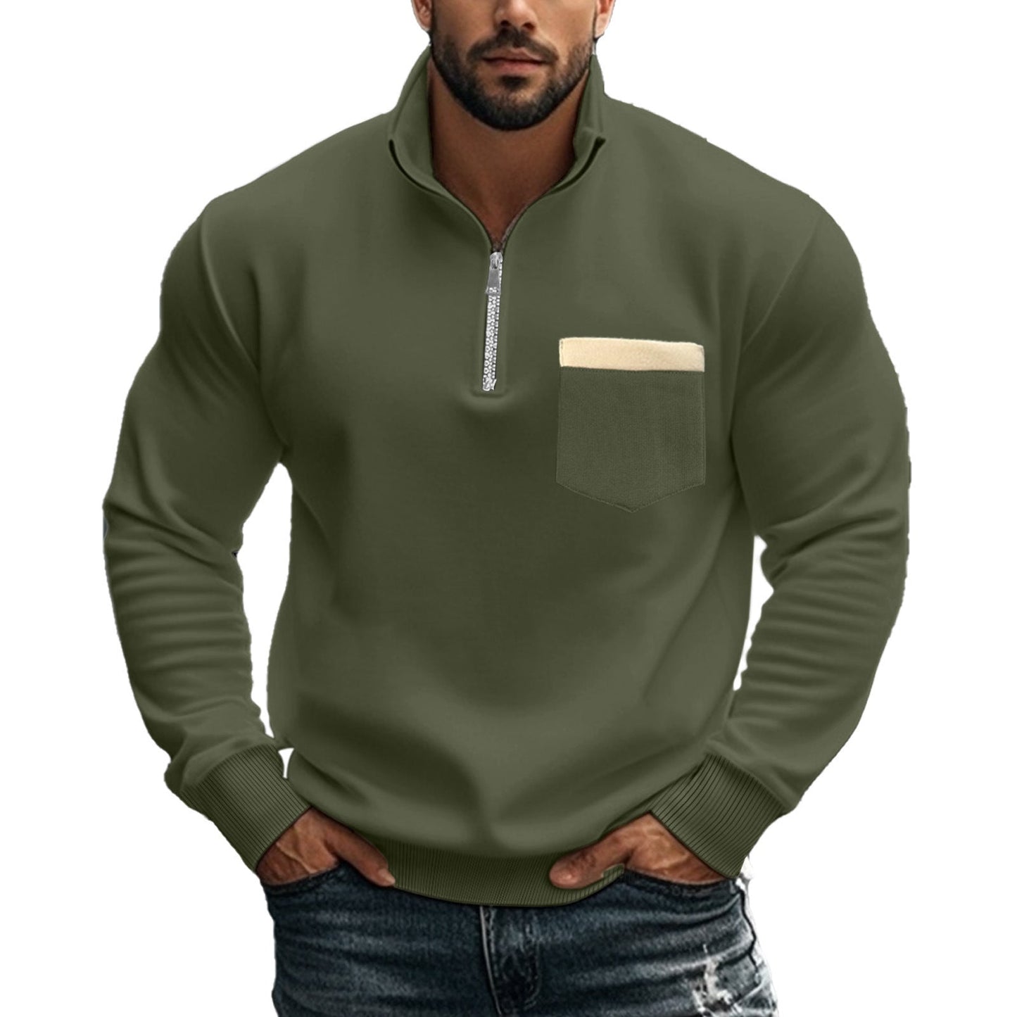 Herren Pullover Sportlich Reißverschluss Brusttasche