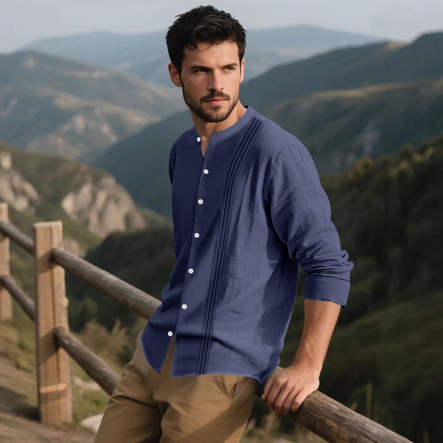 Herren Langarmhemd Modern mit Struktur und Stehkragen