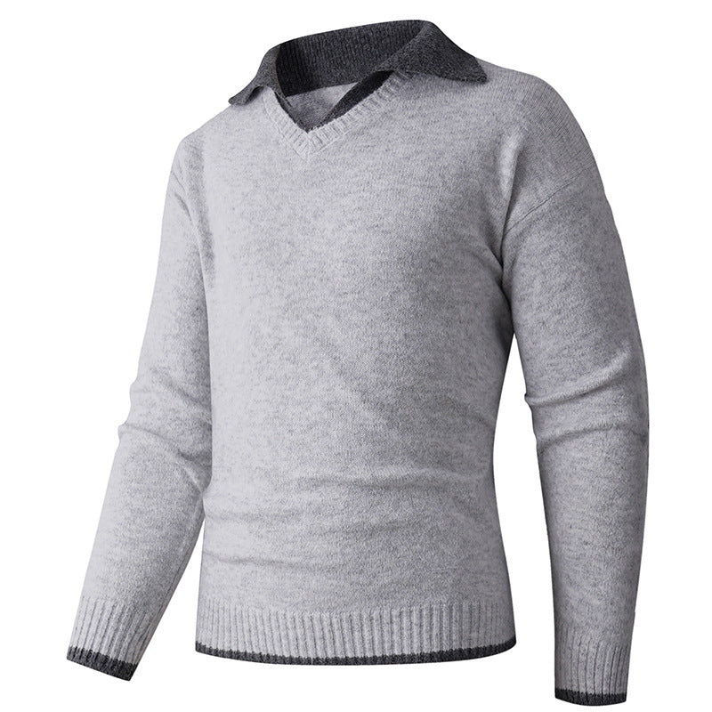 Herren Pullover V-Ausschnitt Hochwertig Kontrastkragen Modern