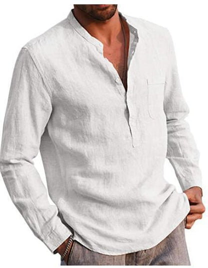 Herren Leinenhemd Modern mit Brusttasche und Henley Ausschnitt