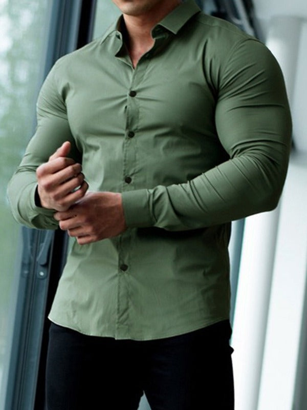 Herren Langarmhemd Slim Fit Modern mit Stehkragen und Metallknöpfen