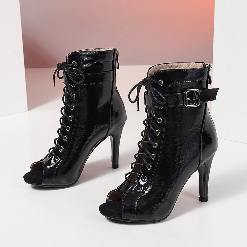 Damen Stiefel Peeptoe Schnürboots mit Stiletto Absatz - BerlinGlamour