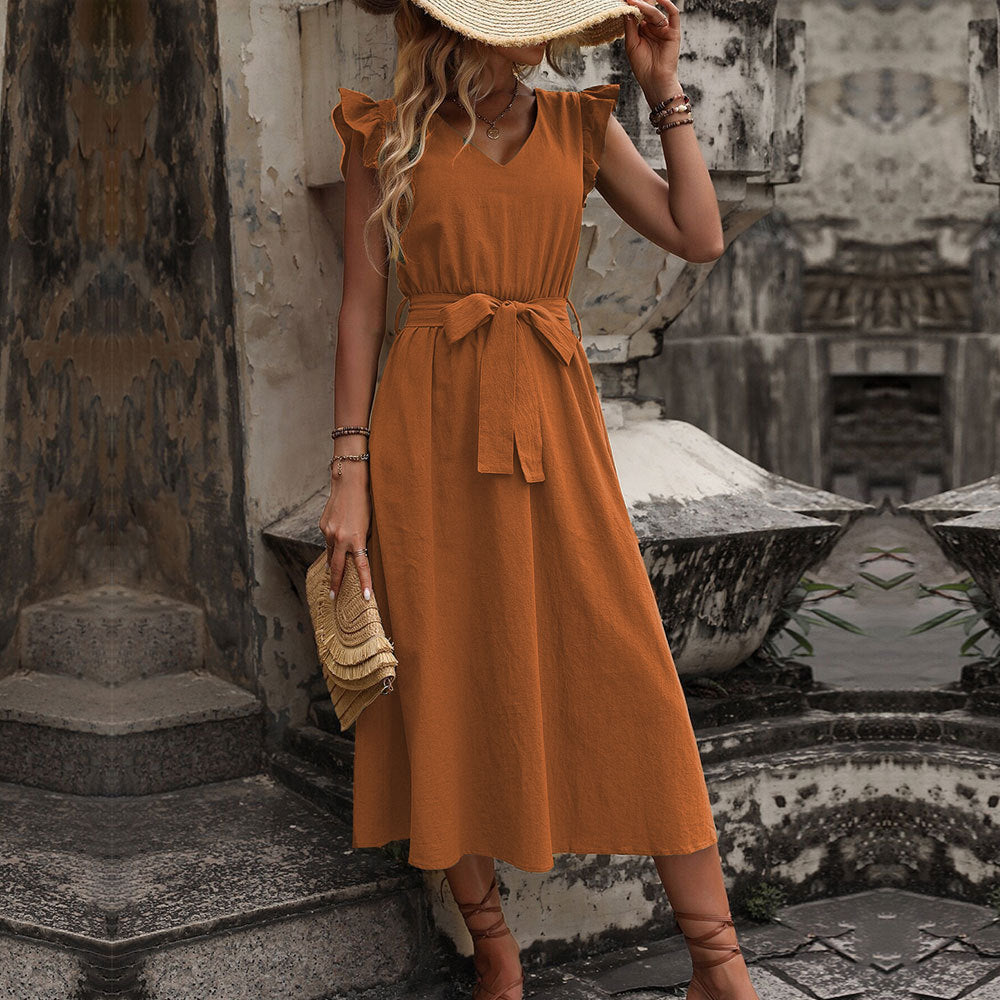 Damen Kleid Midi Tailliert mit Rüschen und Gürtel - BerlinGlamour