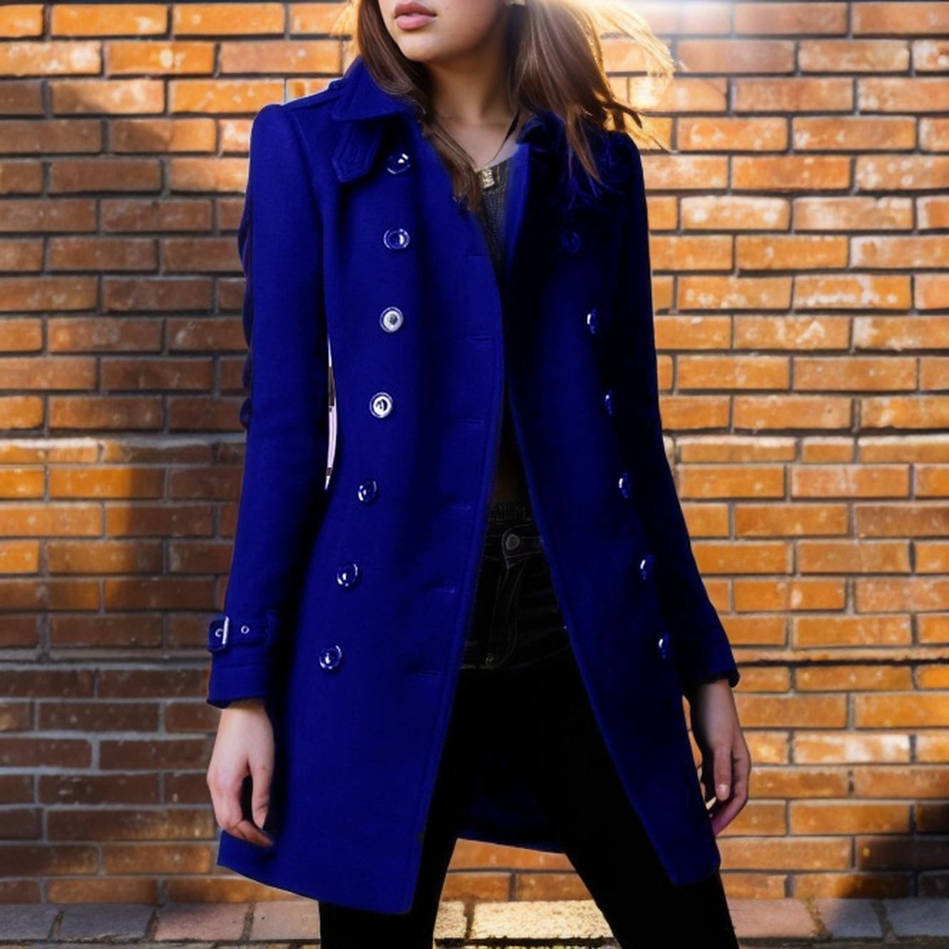 Damen Wollmantel Stylisch mit Doppelknopf Schwarz Elegante Mode