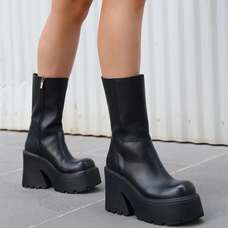 Damen Plateau-Stiefel Hoch Blockabsatz Reißverschluss Schwarz