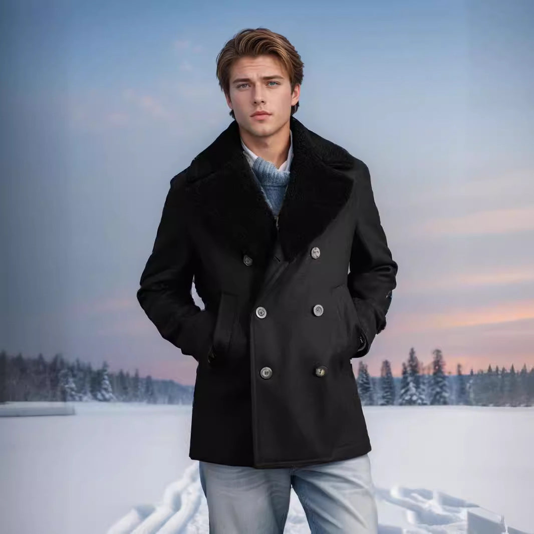 Herren Wollmantel Modern mit Kontrastkragen Schwarz - BerlinGlamour