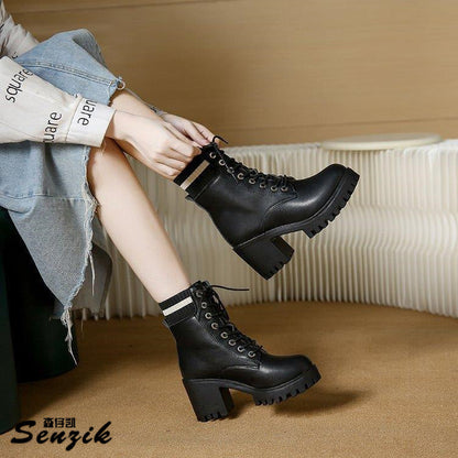 Damen Stiefel Schnürstiefel mit Blockabsatz Robust und Elastisch