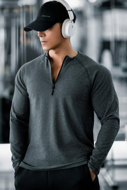 Herren Fitness Shirt Langarm mit Reißverschluss Sportlich