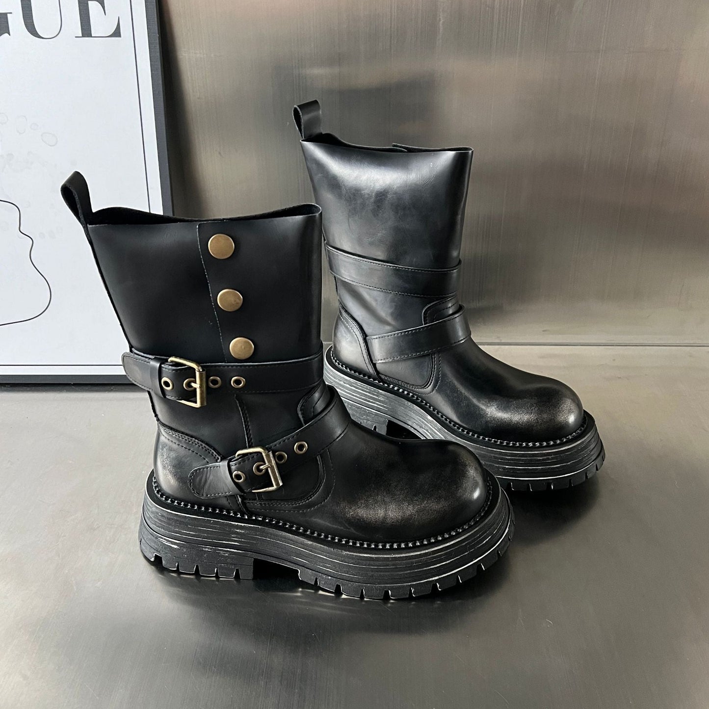 Damen Biker-Stiefel Robust Schnallen Schwarz Modisch