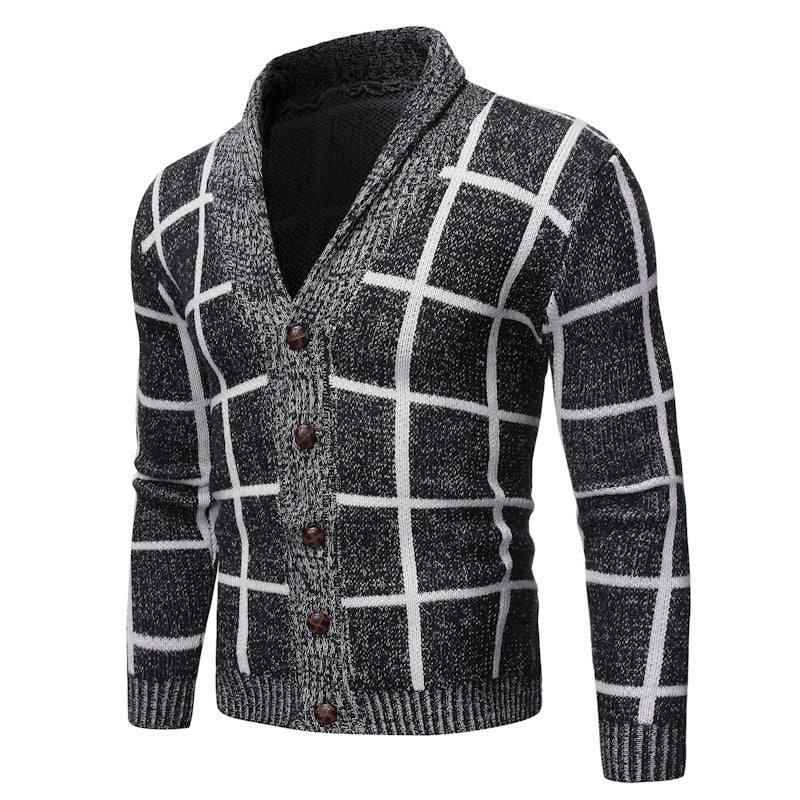 Herren Strickjacke Modern V-Ausschnitt Karomuster Schwarz