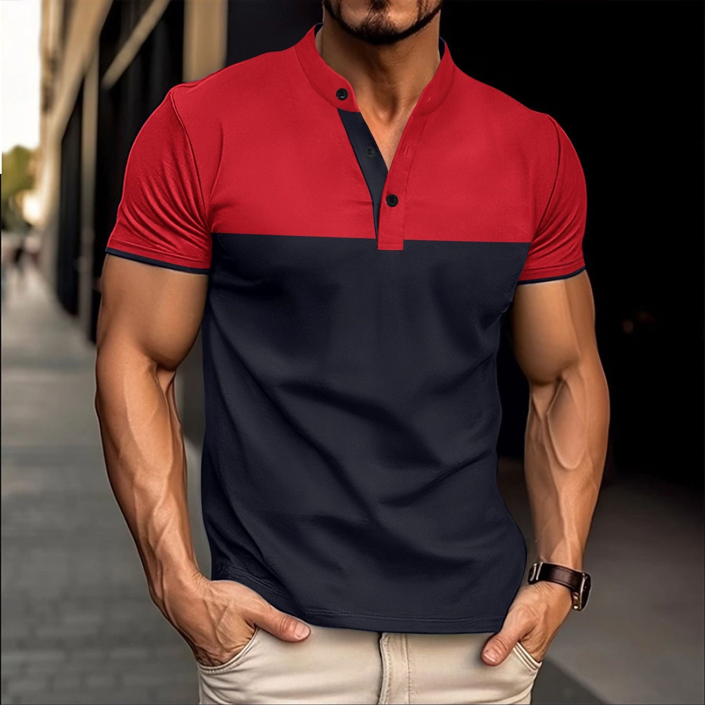 Herren Poloshirt Kurzarm Modern Stehkragen Schwarz