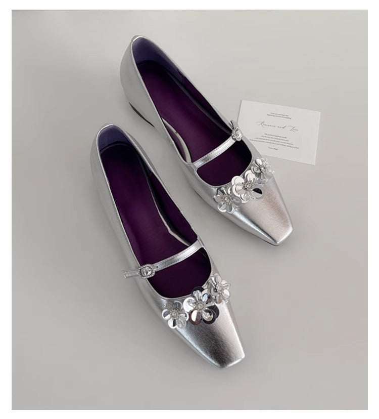 Damen Ballerinas Schimmernd Blumen Muster Elegante Schuhe