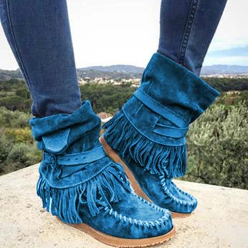 Damen Stiefel Mokassin Fransen Schnalle Modern