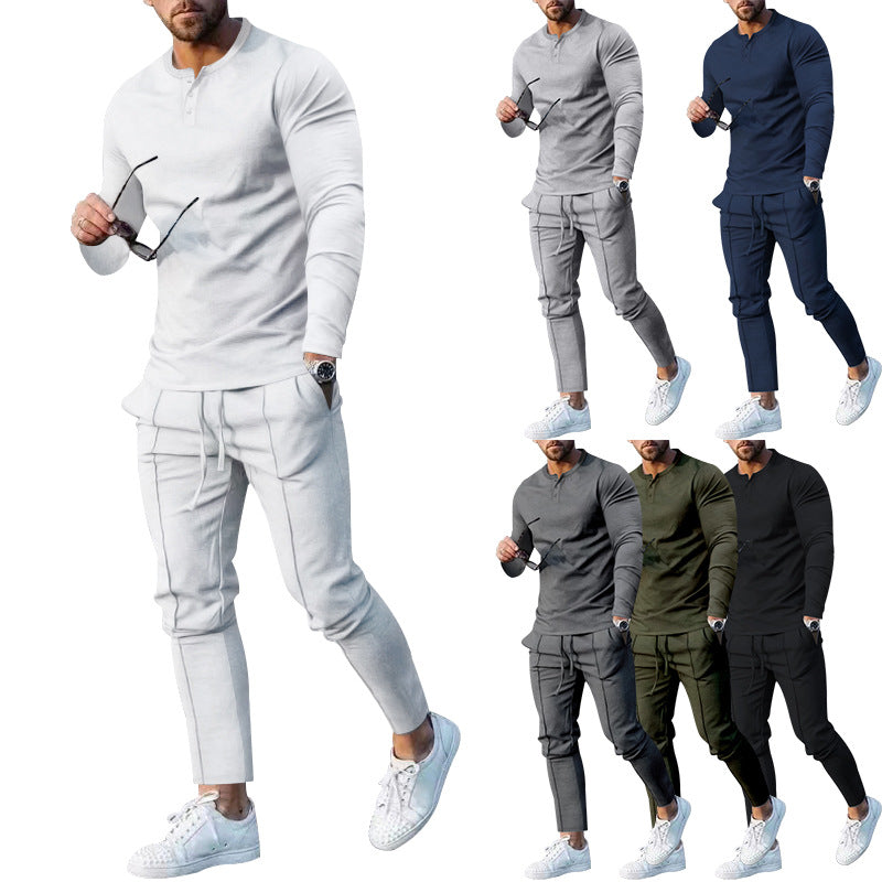 Herren Sport Ensemble Langarm Henley Shirt bequeme Jogginghose - BerlinGlamour