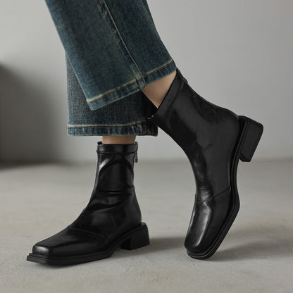 Damen Stiefeletten Blockabsatz Leder Schwarz Modern