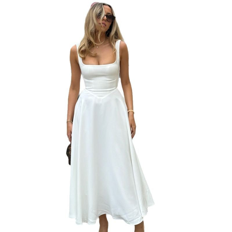 A-Linie Maxikleid Quadrat-Ausschnitt Damenkleid Lang
