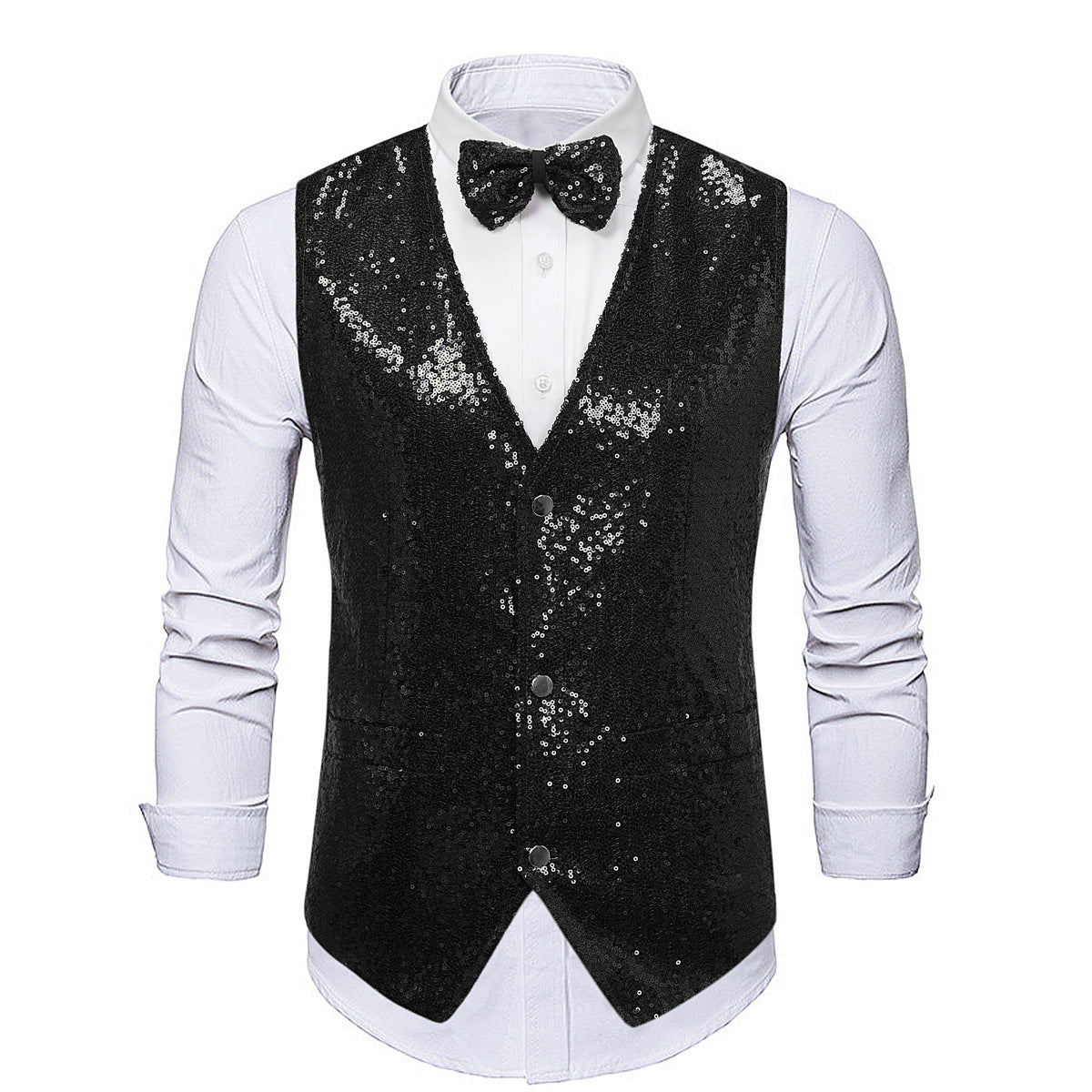 Herren Weste Glitzer Pailletten mit Fliegenbinder Glamour