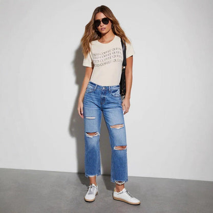 Damen High-Waist Jeans Rissig Ausgefranst Größe 34-42 - BerlinGlamour