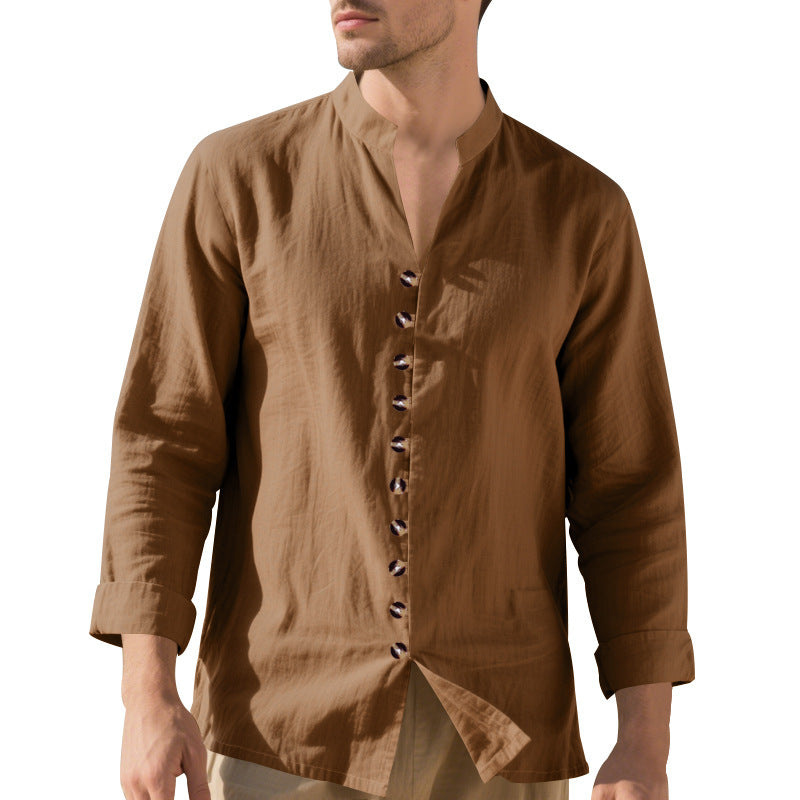 Herren Langarmhemd Elegantes Stehkragenhemd Mit Knöpfen Schwarzes Hemd