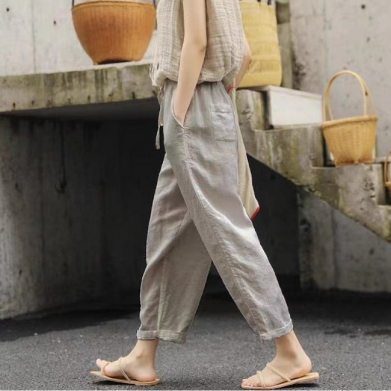Damen Leinenhose Bequem Elastisch Mit Taschen