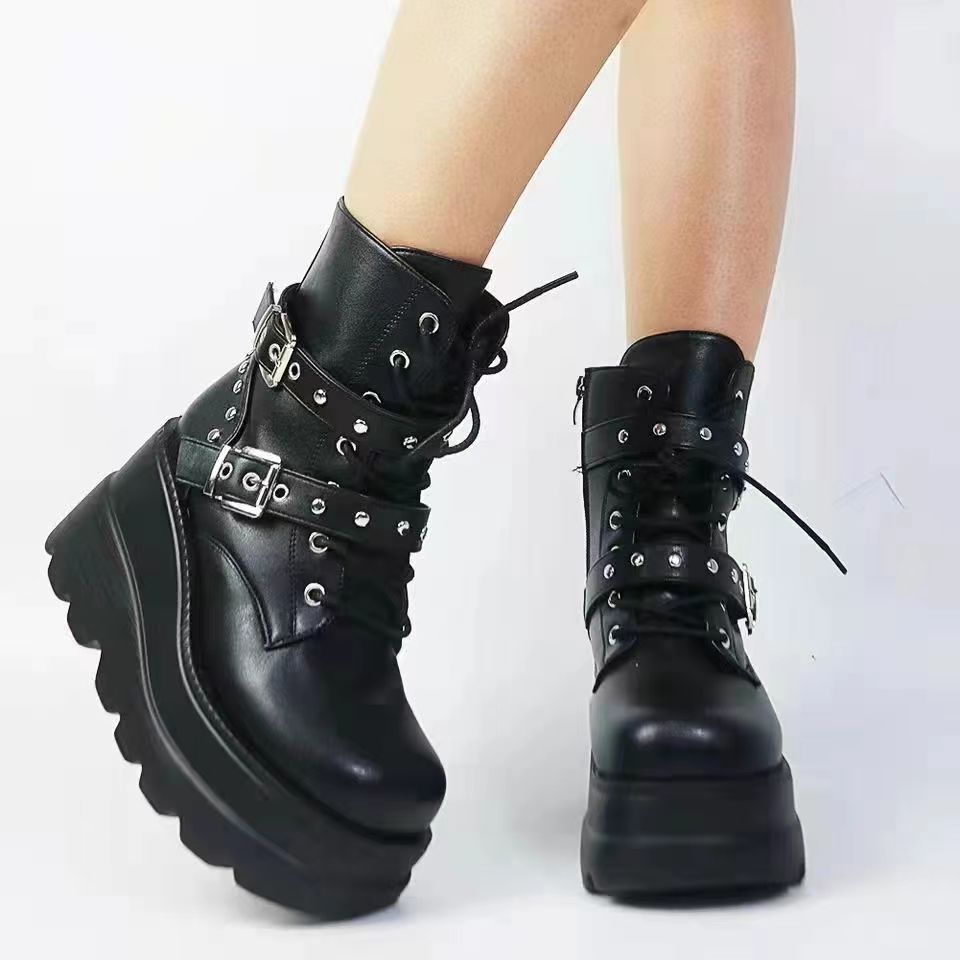 Damen Stiefeletten Plateau mit Schnallen Robust