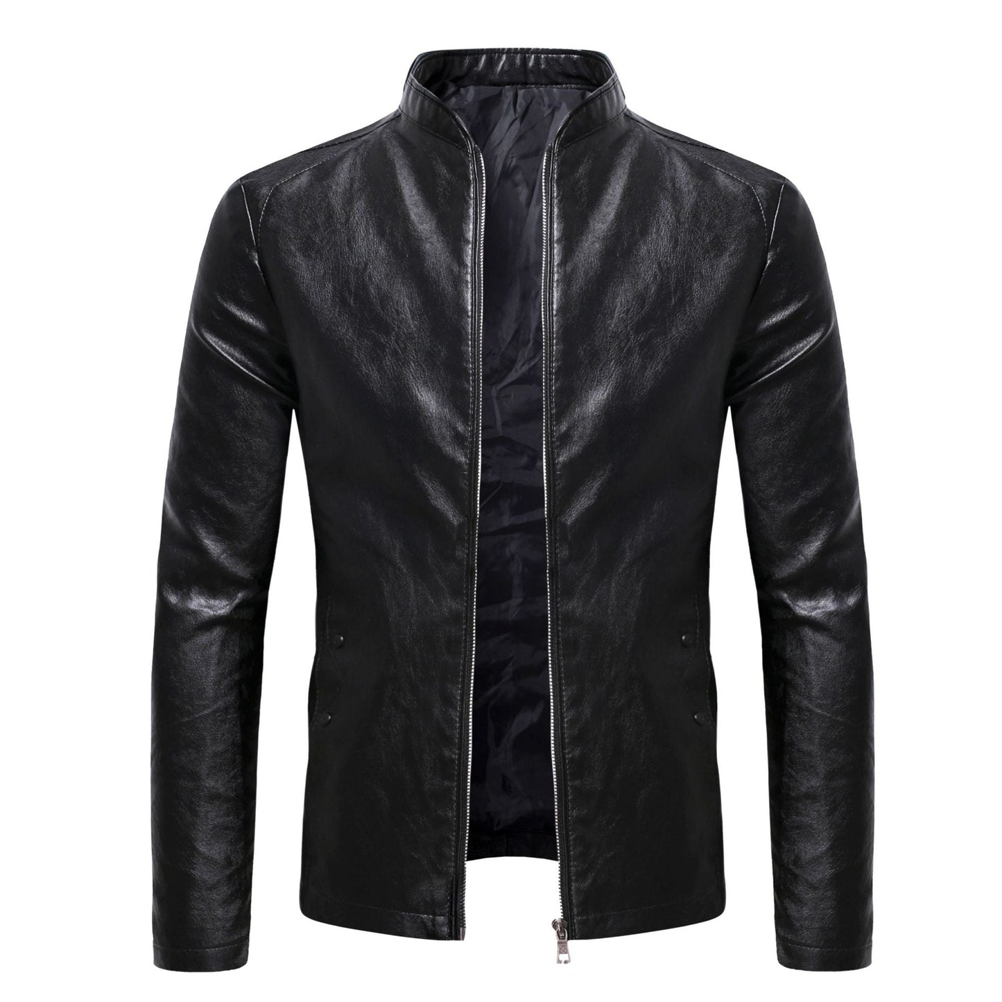 Lederjacke Herren Stehkragen Bikerjacke Schwarz