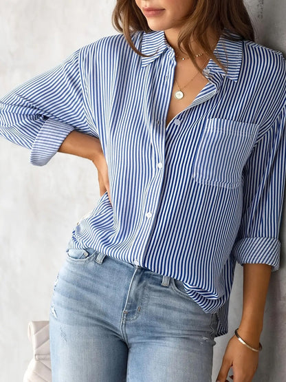 Damen Bluse Lässig Streifenoptik Mit Brusttasche