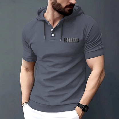 Herren Polo Shirt Kurzarm mit Kapuze und Kontrasttasche Modern