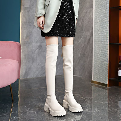 Damen Overknee Stiefel Robust Blockabsatz Elastisch