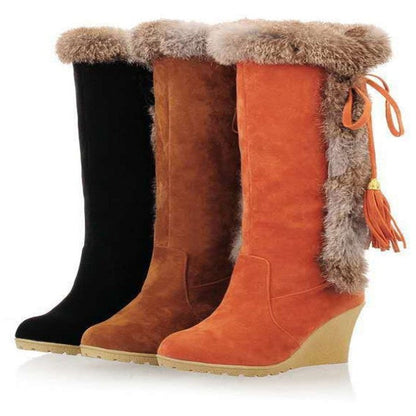 Damen Stiefel Wedge mit Kunstfell und Quasten Winter Mode