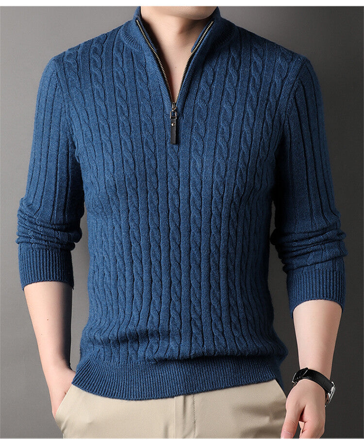 Herren Pullover Strick Zopfmuster Zipper Grün