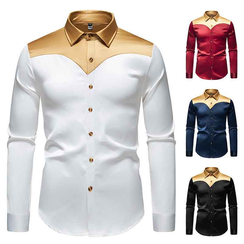 Elegantes Herren Hemd Langarm Glänzend Kontrastkragen Modern