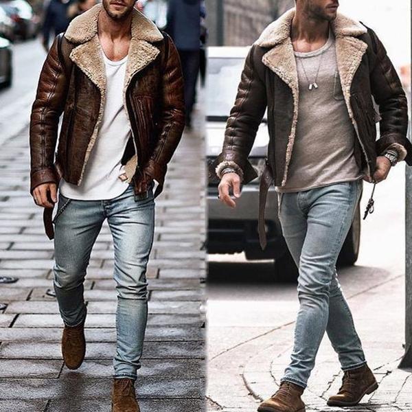 Herren Lammfelljacke Robust Fleece Innen Mantel Winter - BerlinGlamour