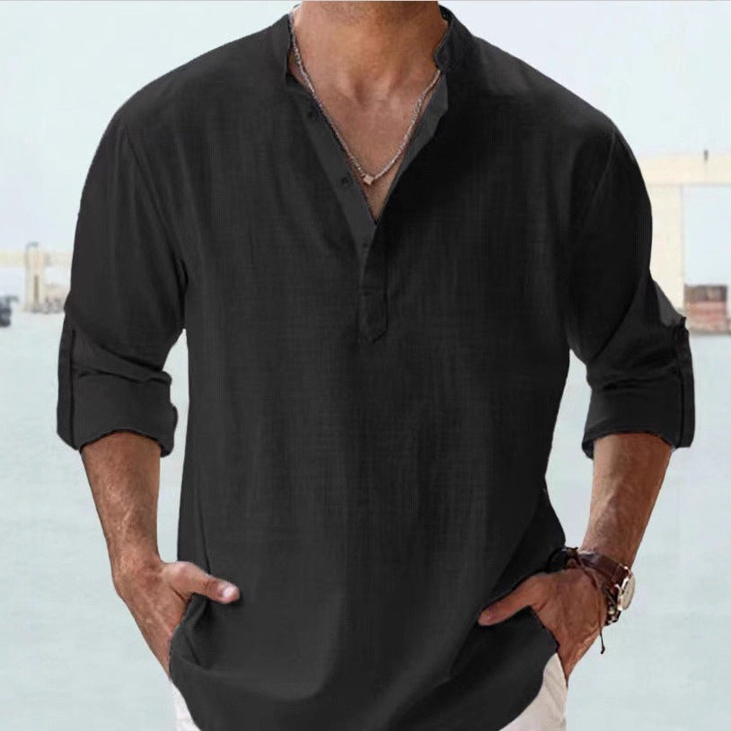 Herren Leinenhemd Modern Stehkragen KnopfleisteSlim Fit - BerlinGlamour