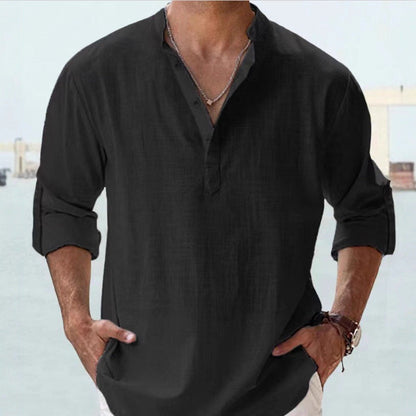 Herren Leinenhemd Modern Stehkragen KnopfleisteSlim Fit - BerlinGlamour