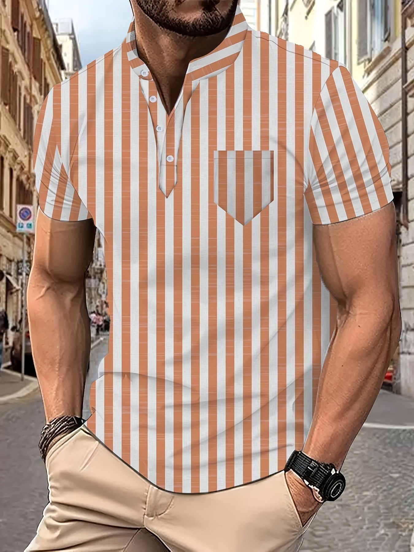 Herren Kurzarm-Hemd Modernes Streifenmuster Berlin Style