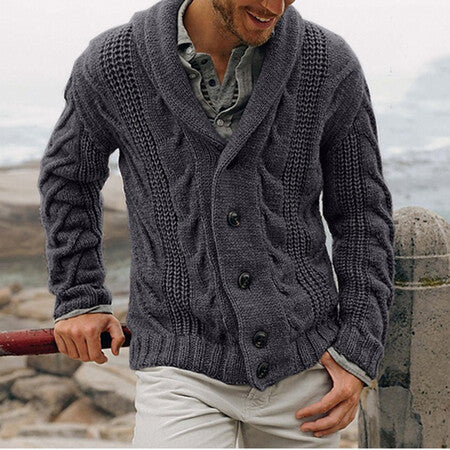 Herren Strickjacke Modern Kabelmuster Großer Schalkragen