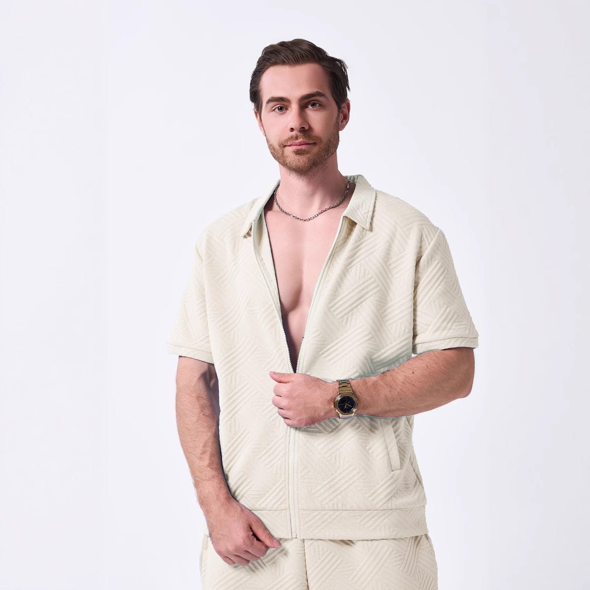 Herren Kurzarmhemd Modern mit Reißverschluss - BerlinGlamour